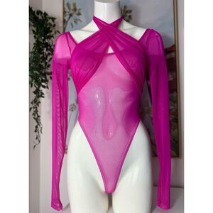LaQuan Smith Fuchsia Pink Sheer Mesh Halter High Leg Bodysuit Top Size Small